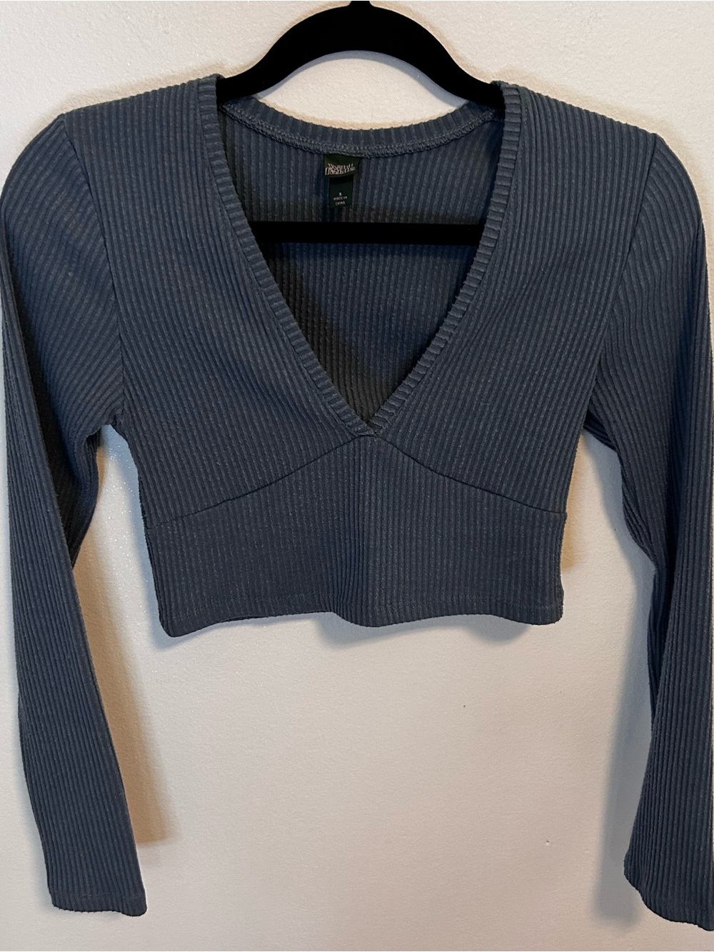 wild fable Ribbed V-Neck Cropped Long Sleeve Top - Slate